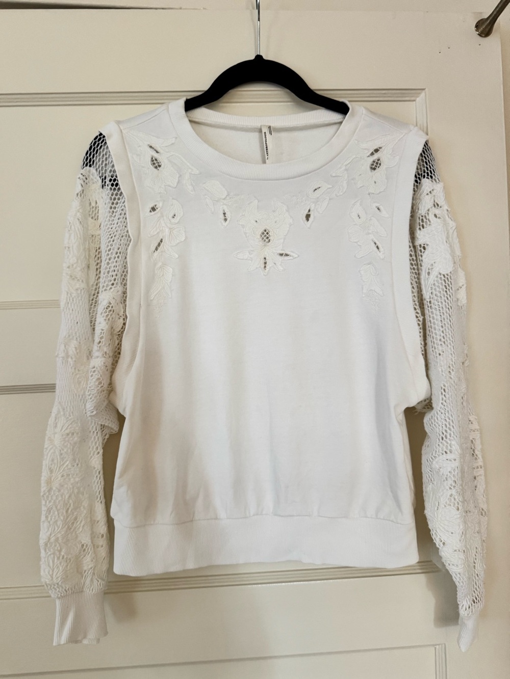 Anthropologie White Embroidered Lace Sleeve Sweatshirt XXS Oversized